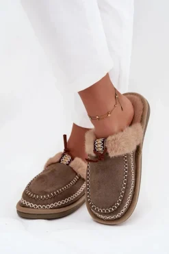 Kapcie Damskie Z Futerkiem I Haftem Zielone Perivelle