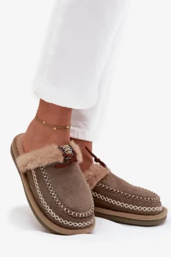 Kapcie Damskie Z Futerkiem I Haftem Zielone Perivelle