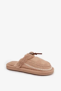 Kapcie Damskie Z Futerkiem I Haftem Beżowe Perivelle