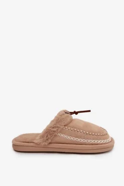 Kapcie Damskie Z Futerkiem I Haftem Beżowe Perivelle