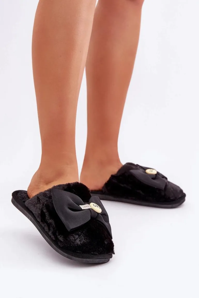 Kapcie Damskie Z Futerkiem I Kokardą Czarne Olfedi