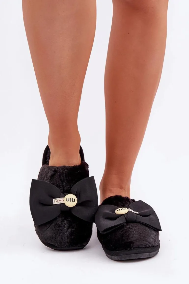 Kapcie Damskie Z Futerkiem I Kokardą Czarne Olfedi