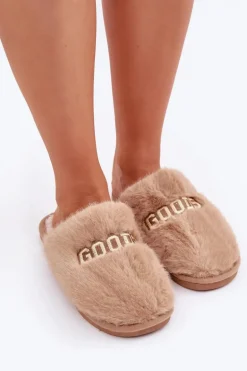 Kapcie Damskie Z Futerkiem I Napisem Brązowe Kalelia