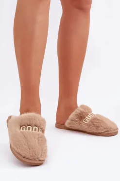 Kapcie Damskie Z Futerkiem I Napisem Brązowe Kalelia