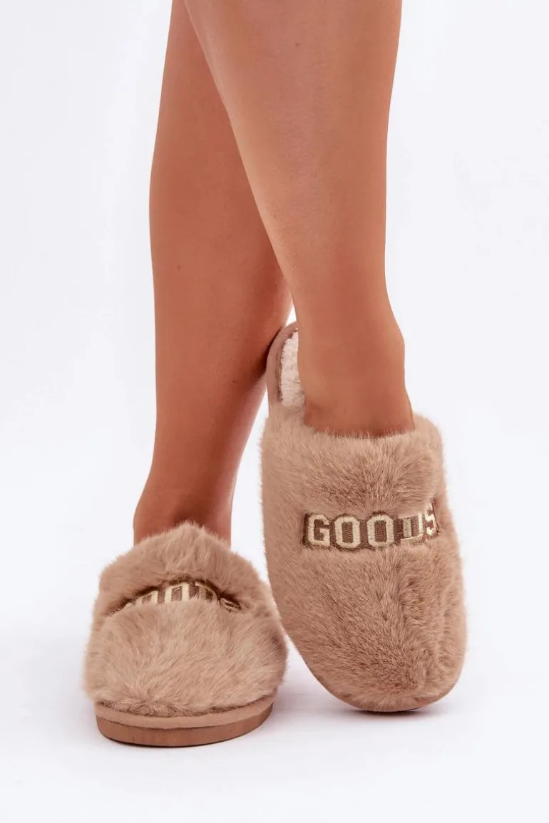 Kapcie Damskie Z Futerkiem I Napisem Brązowe Kalelia