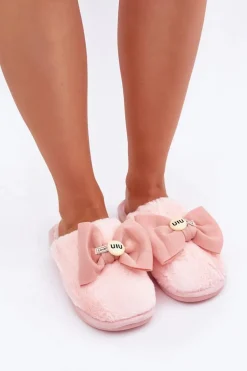Kapcie Damskie Z Futerkiem I Kokardą Różowe Olfedi