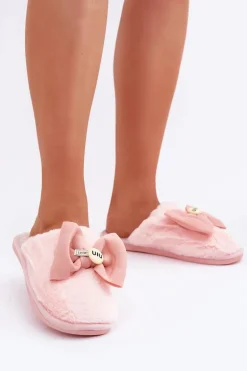 Kapcie Damskie Z Futerkiem I Kokardą Różowe Olfedi