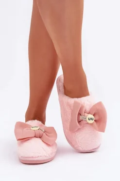 Kapcie Damskie Z Futerkiem I Kokardą Różowe Olfedi