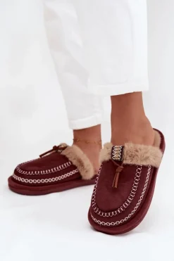 Kapcie Damskie Z Futerkiem I Haftem Bordowe Perivelle