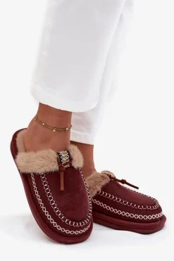 Kapcie Damskie Z Futerkiem I Haftem Bordowe Perivelle