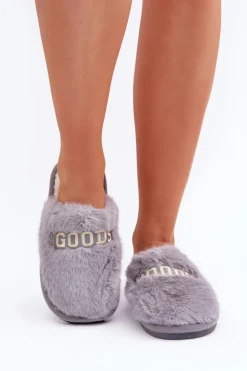 Kapcie Damskie Z Futerkiem I Napisem Szare Kalelia