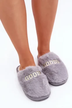 Kapcie Damskie Z Futerkiem I Napisem Szare Kalelia