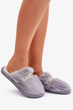 Kapcie Damskie Z Futerkiem I Napisem Szare Kalelia