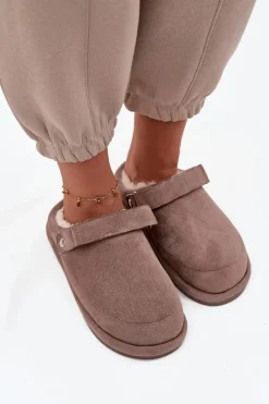 Kapcie Damskie Z Paskiem Ocieplane Futerkiem Ciemnobeżowe Rilena