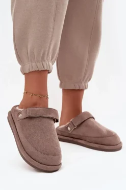 Kapcie Damskie Z Paskiem Ocieplane Futerkiem Ciemnobeżowe Rilena