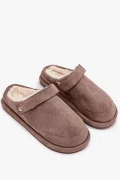 Kapcie Damskie Z Paskiem Ocieplane Futerkiem Ciemnobeżowe Rilena