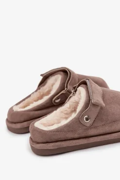 Kapcie Damskie Z Paskiem Ocieplane Futerkiem Ciemnobeżowe Rilena