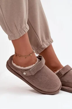 Kapcie Damskie Z Paskiem Ocieplane Futerkiem Ciemnobeżowe Rilena