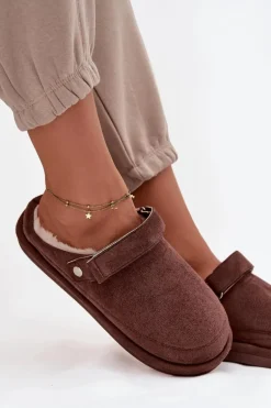 Kapcie Damskie Z Paskiem Ocieplane Futerkiem Czekoladowe Rilena
