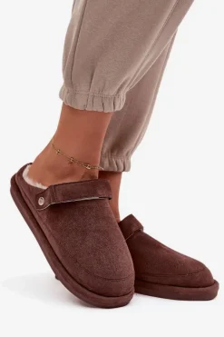 Kapcie Damskie Z Paskiem Ocieplane Futerkiem Czekoladowe Rilena