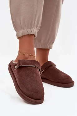 Kapcie Damskie Z Paskiem Ocieplane Futerkiem Czekoladowe Rilena