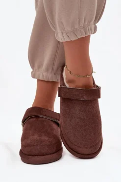Kapcie Damskie Z Paskiem Ocieplane Futerkiem Czekoladowe Rilena