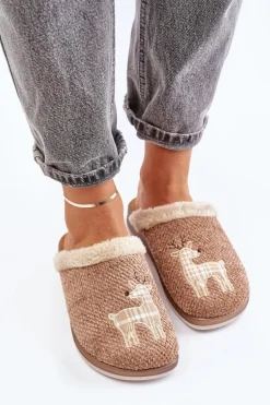 Kapcie Damskie Z Reniferem I Futerkiem Inblu CT000034 Beżowe