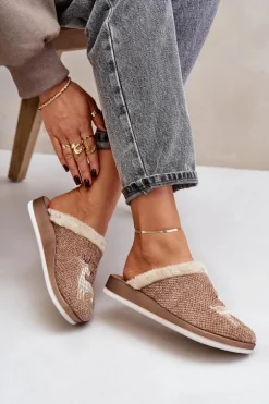 Kapcie Damskie Z Reniferem I Futerkiem Inblu CT000034 Beżowe