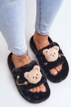 Kapcie Futrzane Damskie Z Misiem I Ozdobnymi Elementami Czarne Innalise