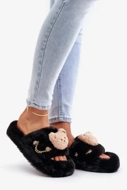 Kapcie Futrzane Damskie Z Misiem I Ozdobnymi Elementami Czarne Innalise