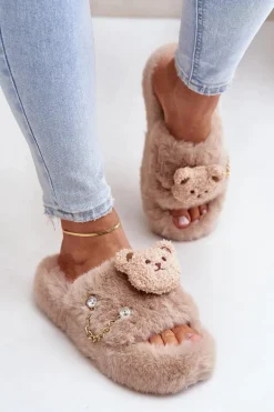 Kapcie Futrzane Damskie Z Misiem I Ozdobnymi Elementami Beżowe Innalise