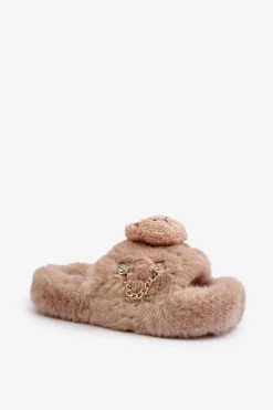 Kapcie Futrzane Damskie Z Misiem I Ozdobnymi Elementami Beżowe Innalise