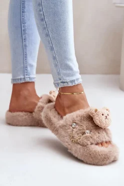 Kapcie Futrzane Damskie Z Misiem I Ozdobnymi Elementami Beżowe Innalise
