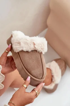 Kapcie Śniegowce Damskie Na Grubej Podeszwie Z Futerkiem Ciemnobeżowe Doriola