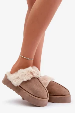 Kapcie Śniegowce Damskie Na Grubej Podeszwie Z Futerkiem Ciemnobeżowe Doriola