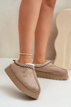 Kapcie Śniegowce Na Platformie Z Haftem Ciemnobeżowe Tamilda