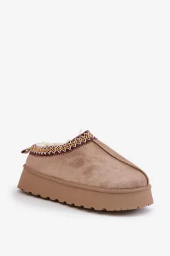 Kapcie Śniegowce Na Platformie Z Haftem Ciemnobeżowe Tamilda