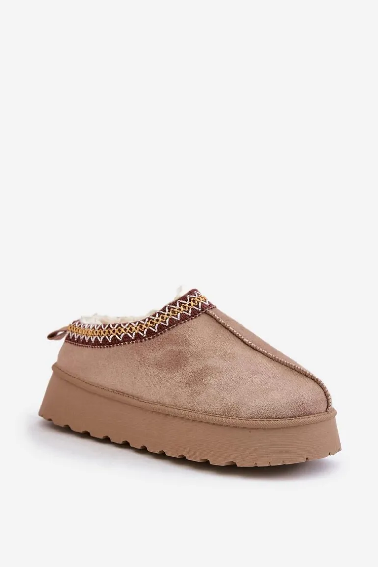 Kapcie Śniegowce Na Platformie Z Haftem Ciemnobeżowe Tamilda