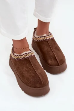 Kapcie Śniegowce Na Platformie Z Haftem Brązowe Tamilda