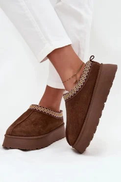 Kapcie Śniegowce Na Platformie Z Haftem Brązowe Tamilda