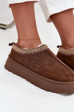 Kapcie Śniegowce Na Platformie Z Haftem Brązowe Tamilda