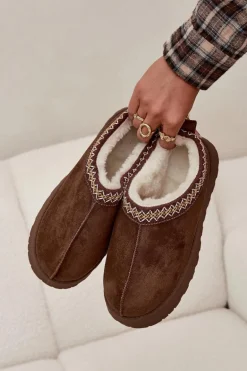 Kapcie Śniegowce Na Platformie Z Haftem Brązowe Tamilda