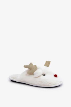 Kapcie Świąteczne Z Motywem Renifera Futrzane Białe Asielle