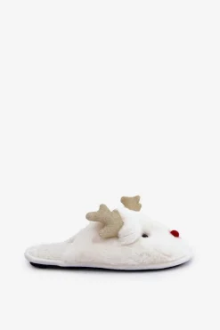 Kapcie Świąteczne Z Motywem Renifera Futrzane Białe Asielle