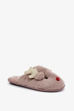 Kapcie Świąteczne Z Motywem Renifera Futrzane Ciemnobeżowe Asielle