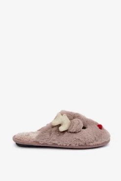 Kapcie Świąteczne Z Motywem Renifera Futrzane Ciemnobeżowe Asielle