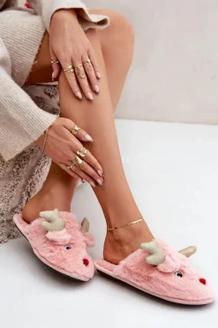 Kapcie Świąteczne Z Motywem Renifera Futrzane Różowe Asielle