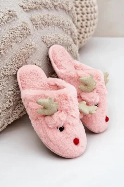 Kapcie Świąteczne Z Motywem Renifera Futrzane Różowe Asielle