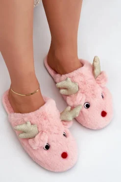 Kapcie Świąteczne Z Motywem Renifera Futrzane Różowe Asielle