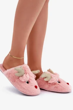 Kapcie Świąteczne Z Motywem Renifera Futrzane Różowe Asielle